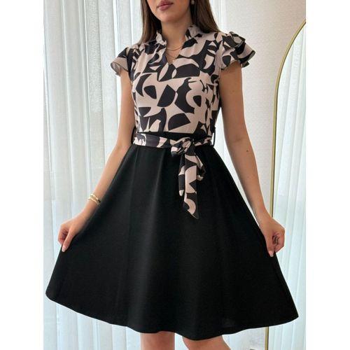 Kadın Kısa Kollu Kolu Fırfır Detay Mini Kuşaklı Kloş Krep Elbise