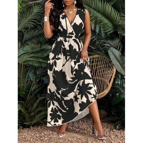 Kadın Askılı Kruvaze Yakalı çiçek Desenli Uzun Süprem Elbise