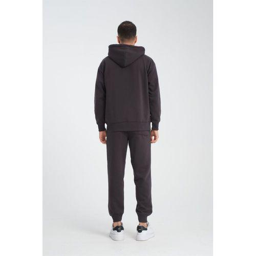 İçi Peluş Üç İplik Kumaş Oversize Fermuarlı Kapüşonlu Sweatshirt - Füme