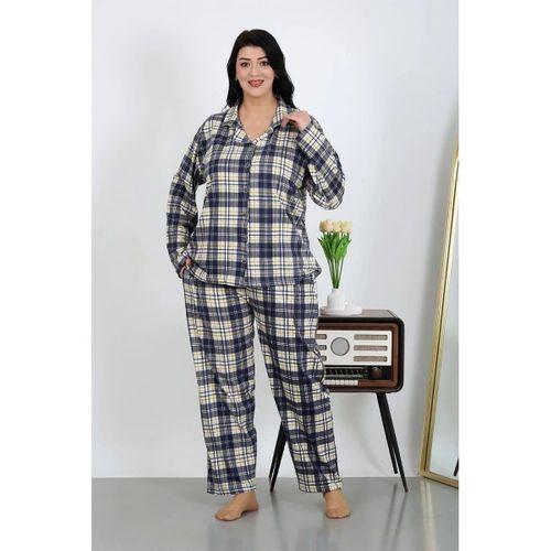 Kadın Büyük Beden Pamuklu Cepli Düğmeli Lacivert Pijama Takım
