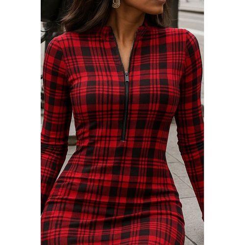 Kadın Uzun Kollu Fermuarlı Ekose Baskılı Dalgıç Elbise