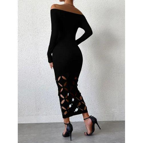 Kadın Madonna Yaka Uzun Kollu Lazer çiçek Kesim Detaylı Uzun Ithal Krep Elbise