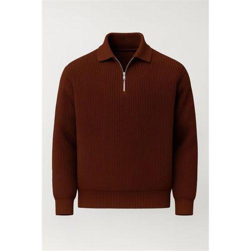 Gibson Oversize Yarım Fermuar Gömlek Polo Yaka Selanik Örme Erkek Triko Kazak - Kahve