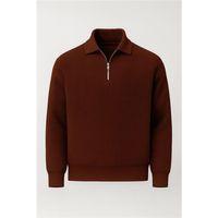 Gibson Oversize Yarım Fermuar Gömlek Polo Yaka Selanik Örme Erkek Triko Kazak - Kahve