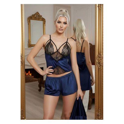 Lacivert Kadife Dantelli Sabahlık & Gecelik Takım 3' Lü - 1432