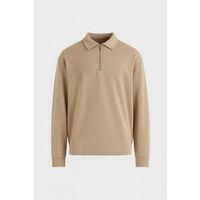 Scuba Modal Kumaş Relaxed Fit Yarım Fermuarlı Polo Yaka Erkek Sweatshirt - Bej
