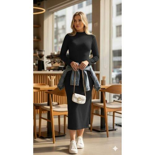 Kadın Uzun Kollu Balıkçı Yakalı Yanlardan Yırtmaçlı Kaşkorse Maxi Elbise