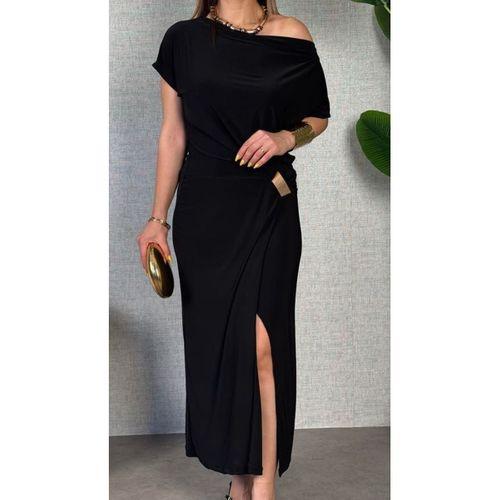 Kadın Kısa Kollu Tek Omuzdan Açık Beli Lastikli Sandy Maxi Elbise