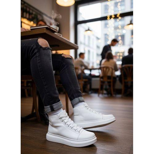 BA0713 Bağcıklı Beyaz Yüksek Taban Erkek Tarz Spor Bot