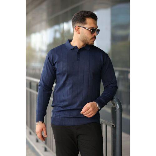 Erkek Düğmeli Yaka çizgi Dokulu Uzun Kollu Triko