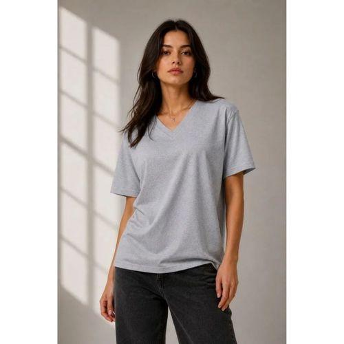V Yaka Basic Tişört Kısa Kol Yazlık Regular Fit T-Shirt - Gri