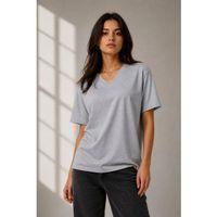 V Yaka Basic Tişört Kısa Kol Yazlık Regular Fit T-Shirt - Gri