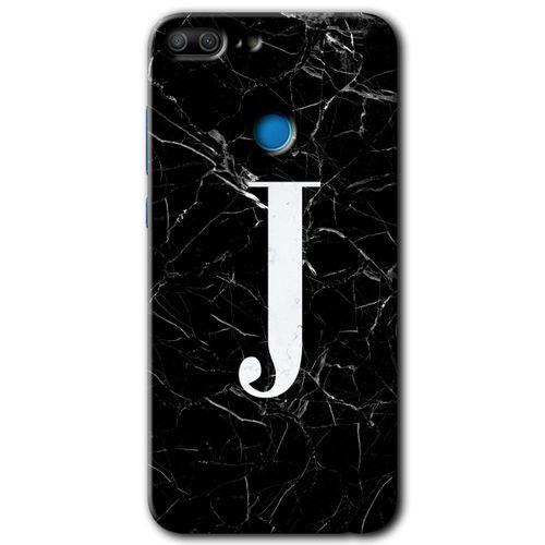 Potkal Hediye Fabrikası Honor 9 Lite Kılıf HD Desen Baskılı Arka Kapak - Siyah Mermer Desenli J Harfi