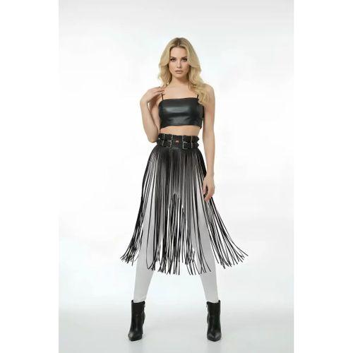 Siyah Etek Deri Yüksek Bel Etek Çift Tokalı Uzun - Brf1090