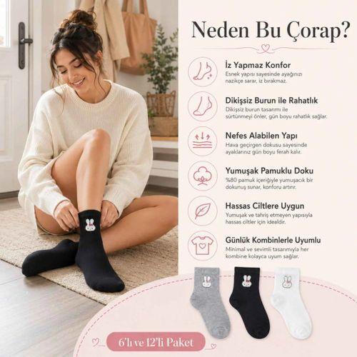 Kadın Tavşan Desenli Kısa Konç Çorap 12'li | %80 Pamuklu Dikişsiz, Siyah Beyaz Gri