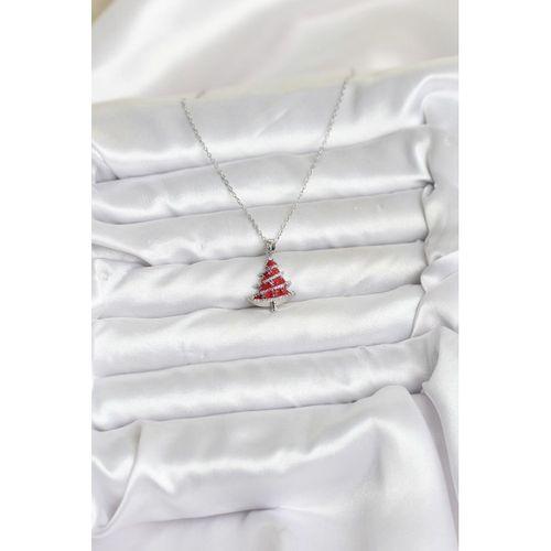 316L Çelik Zincir Gümüş Renk Kırmızı Çam Ağacı Model Yılbaşı Temalı Kadın Kolye