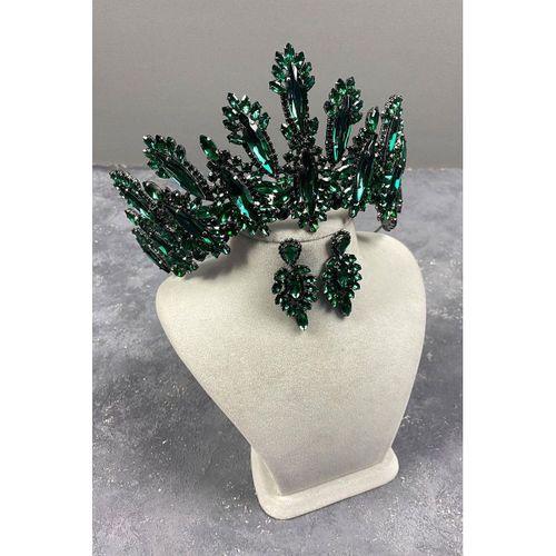 Dalia Yüksek Taşlı Gelin Tacı Mekik Küpe Seti