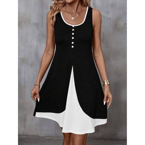 Kadın Askılı Yuvarlak Yaka önden Düğmeli çift Renkli Viskon Elbise