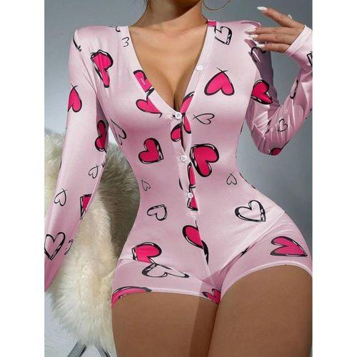 Pamuklu Pembe Kalp Desenli Düğmeli Uzun Kol Tulum Pijama