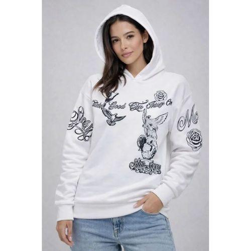 3 İplik Pamuklu Kapüşonlu Baskılı SweatShirt Hoodie - Beyaz