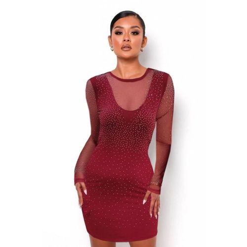 Kadın Uzun Kollu Yuvarlak Yaka Dekolteli Taşlı Dalgıç Elbise
