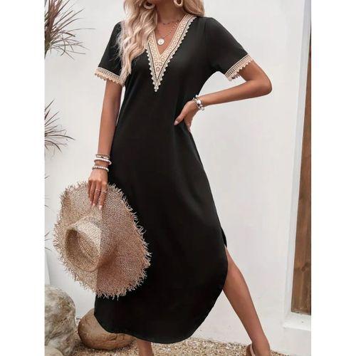 Kadın Kısa Kollu Dantel V Yakalı Uzun Viskon Elbise