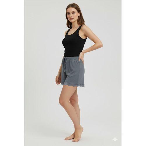 Bambu Fitilli Kadın Ev Şortu Bacak Dantel Detaylı Ev Giyim Gri