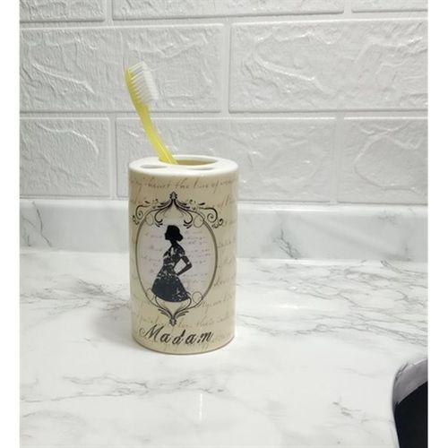 2 Adet Seramik Diş Fırçalık Madam Desenli 7X7X11Cm Banyo Seti