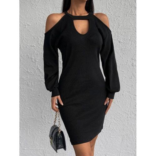 Kadın Uzun Kollu Omuzları Açık Boyundan şerit Detay Kaşkorse Elbise