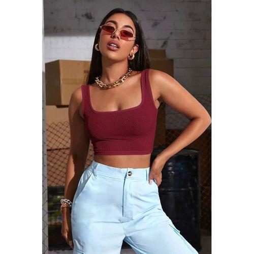 Kadın Bordo Kalın Askılı Crop Top Büstiyer Esnek Kumaş Şık Basic Kadın Üst Giyim