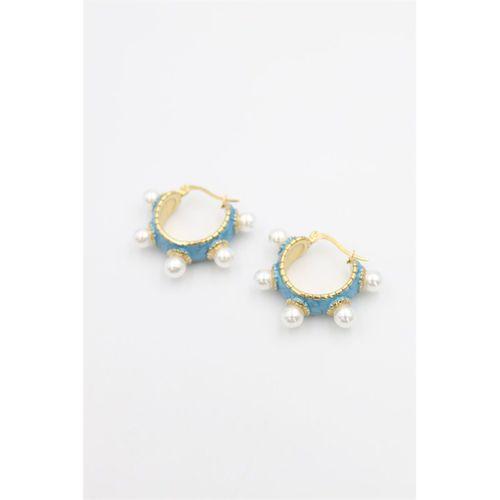 İncili Mineli Halka Küpe - Turkuaz