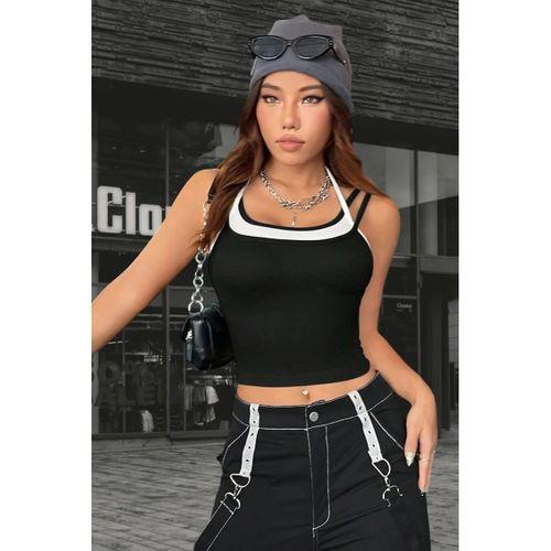Kadın Siyah Beyaz Çift Renk Çapraz Askılı Crop Top Bluz Şık Esnek