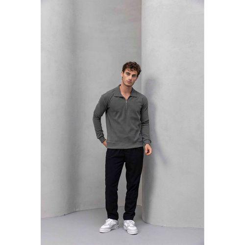 Eric Relax Fit Yarım Fermuarlı Polo Yaka Selanik Kumaş Erkek Sweatshirt - Avcı Yeşili