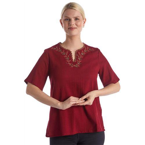 Şile Bezi Kısa Kol Bordo Nakışlı V Yaka Yazlık Otantik Bluz