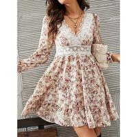 Kadın Uzun Kollu Dantel V Yakalı Mini Desenli Süprem Elbise