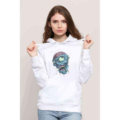 Zombie Baskılı Beyaz Kadın Kapşonlu Sweatshirt