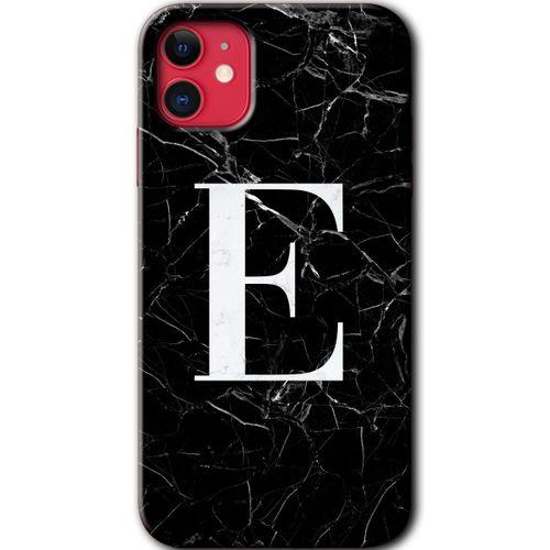 iPhone 11 Kılıf HD Desen Baskılı Arka Kapak - Siyah Mermer Desenli E Harfi + Kırılmaz Cam
