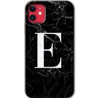 iPhone 11 Kılıf HD Desen Baskılı Arka Kapak - Siyah Mermer Desenli E Harfi + Kırılmaz Cam