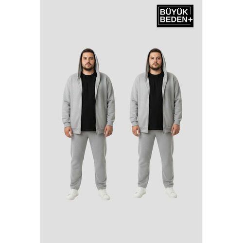 Erkek Büyük Beden Fermuarlı Kapüşonlu 2 li Set ince Sweatshirt Hırka - Rahat Kalıp SPR26BHR960+2