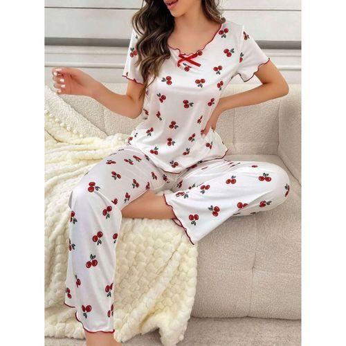 Kadın Beyaz Kiraz Desenli Kısa Kollu Pijama Takımı Yumuşak Rahat Ev Giyimi Özel Tasarım