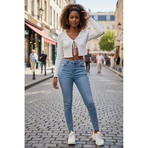 Kadın Beyaz Uzun Kollu Önden Bağlama Detaylı Crop Top Bluz