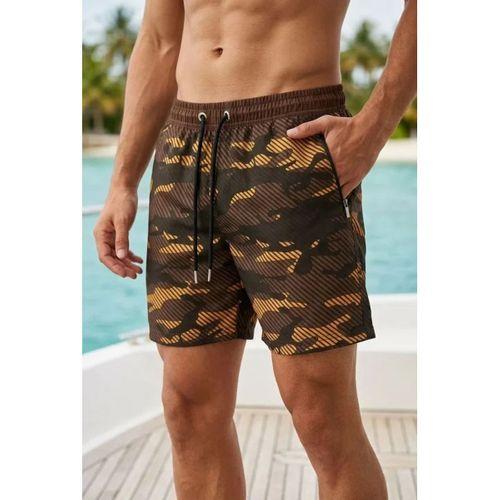 Erkek Deniz Şortu Fermuarlı Cepli File Astarlı Hızlı Kuruyan Premium - Kahverengi