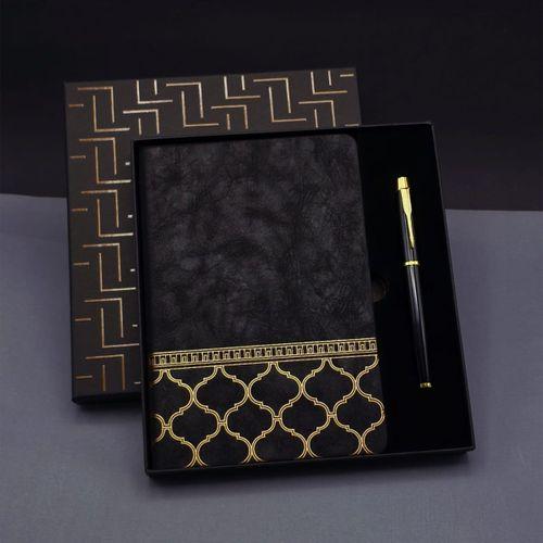 Gold Desen Siyah Deri Defter Kalem Set