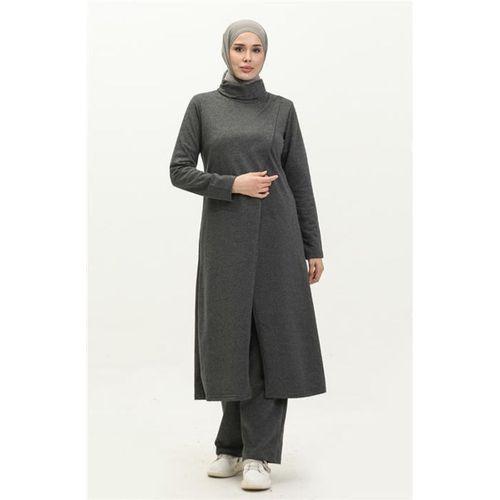 Kruvaze Balıkçı Yaka Sade Basic Uzun Tunik Panolon İkili Takım - 03043.017 - Antrasit