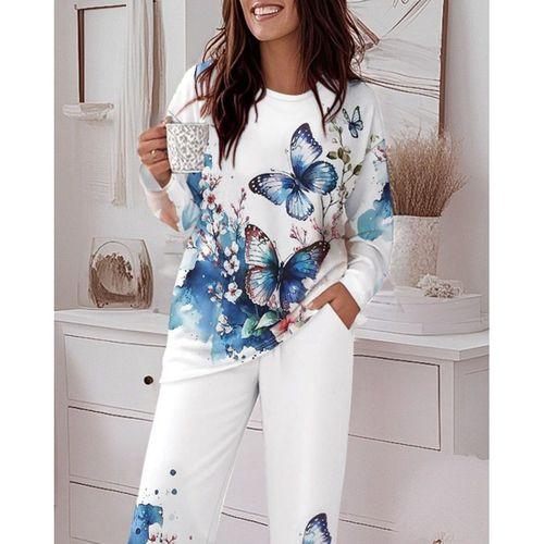 Kadın Uzun Kollu Bisiklet Yaka Kelebek Desenli Iki Iplik Alt üst Takım