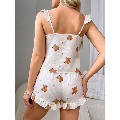 Pamuklu Ayıcık Desen Fırfırlı Askılı Şortlu Pijama Takımı