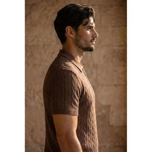 Burke Saç Örgü Yarım Fermuarlı Kısa Kollu İnce Triko Erkek T-Shirt - Kahve