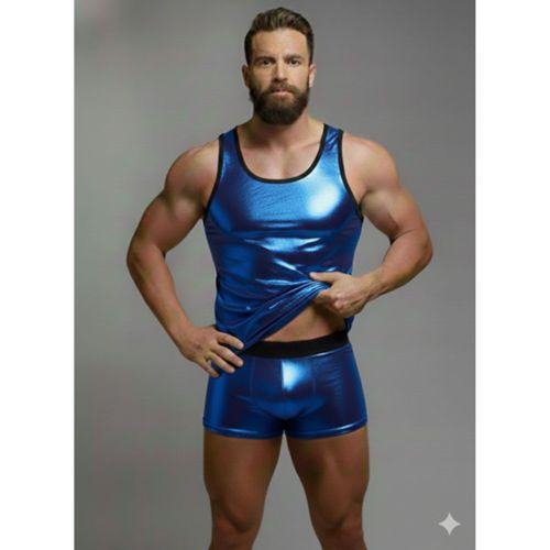 Erkek Mavi Lame Tank Top Boxer Takım