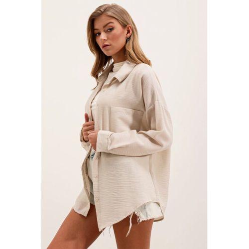 20153 Tek Cepli Oversize Keten Gömlek - Krem