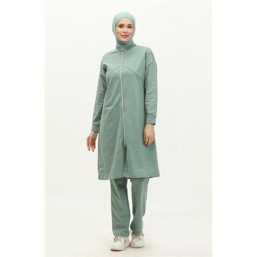 Göğüsten Detaylı Fermuarlı Sade Basic Eşofman Spor İkili Takım - 03063.100 - Çağla Yeşili